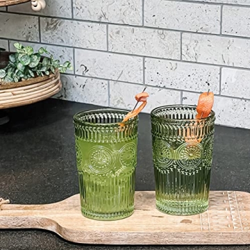 Vintage Green Striped Drinking Glasses Set of 6