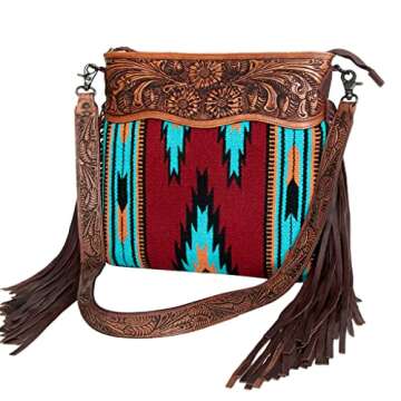 American Darling Saddle Blanket Crossbody Purse Genuine Leather Western Bag fringe Style Handbag ADB...