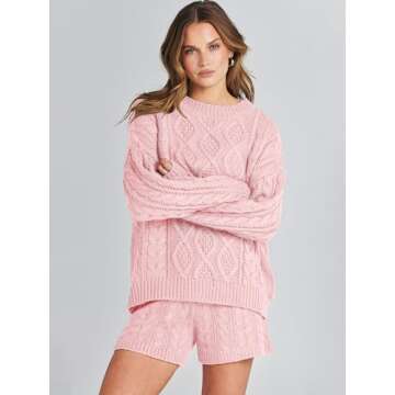 ANRABESS Women 2 Piece Outfits Sweater Lounge Loungewear Sets Fall Cable Knit Oversized Sweaters Short Pants Matching Sets Pink Large