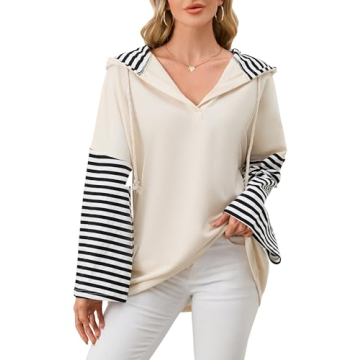 MISSACTIVER Women Oversized V Neck Hoodies Sweatshirt Long Sleeve Drawstring Hooded Stripe Pullover ...