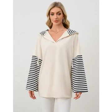 MISSACTIVER Women Oversized V Neck Hoodies Sweatshirt Long Sleeve Drawstring Hooded Stripe Pullover Jacket Outfits(Small,Apricot)