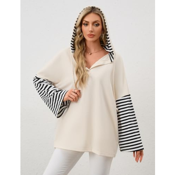 MISSACTIVER Women Oversized V Neck Hoodies Sweatshirt Long Sleeve Drawstring Hooded Stripe Pullover Jacket Outfits(Small,Apricot)