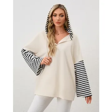 MISSACTIVER Women Oversized V Neck Hoodies Sweatshirt Long Sleeve Drawstring Hooded Stripe Pullover Jacket Outfits(Small,Apricot)