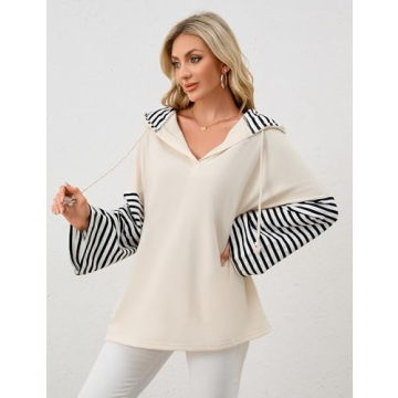 MISSACTIVER Women Oversized V Neck Hoodies Sweatshirt Long Sleeve Drawstring Hooded Stripe Pullover Jacket Outfits(Small,Apricot)