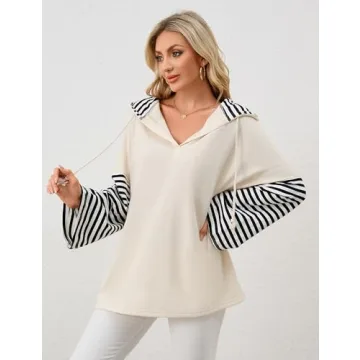 MISSACTIVER Women Oversized V Neck Hoodies Sweatshirt Long Sleeve Drawstring Hooded Stripe Pullover Jacket Outfits(Small,Apricot)