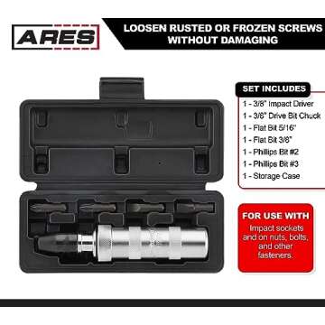 ARES 70006-3/8-Inch Drive Manual Reversible Impact Driver - Flathead 5/16-Inch, 3/8-Inch, and Phillips 2, 3 Bits Cover Most Common Applications - Disengage Rusted Fasteners or Frozen Bolts