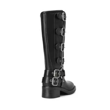 DREAM PAIRS Women's Knee High Riding Boots Side Zipper Motorcycle Boots Square Toe Chunky Heel Fashion Buckles Biker Boots,Size 11,BLACK-1,SDKB2416W