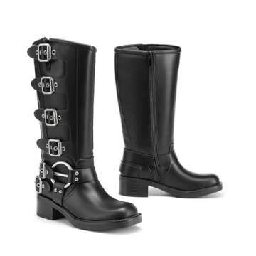 DREAM PAIRS Women's Knee High Riding Boots Side Zipper Motorcycle Boots Square Toe Chunky Heel Fashion Buckles Biker Boots,Size 11,BLACK-1,SDKB2416W