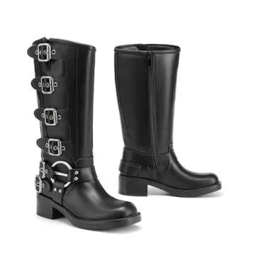 DREAM PAIRS Women's Knee High Riding Boots Side Zipper Motorcycle Boots Square Toe Chunky Heel Fashion Buckles Biker Boots,Size 11,BLACK-1,SDKB2416W