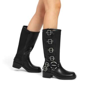 DREAM PAIRS Women's Knee High Riding Boots Side Zipper Motorcycle Boots Square Toe Chunky Heel Fashion Buckles Biker Boots,Size 11,BLACK-1,SDKB2416W