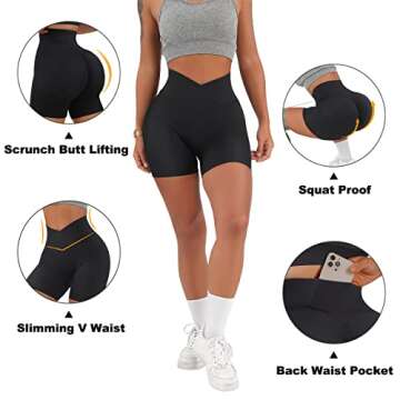 OMKAGI Women Cross Waist Workout Shorts with Pockets 5" Ribbed High Waisted Yoga Biker Shorts(M,914-Black Waistband Pocket-5inch)