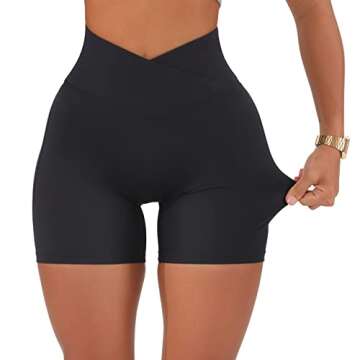 OMKAGI Women Cross Waist Workout Shorts with Pockets 5" Ribbed High Waisted Yoga Biker Shorts(M,914-Black Waistband Pocket-5inch)