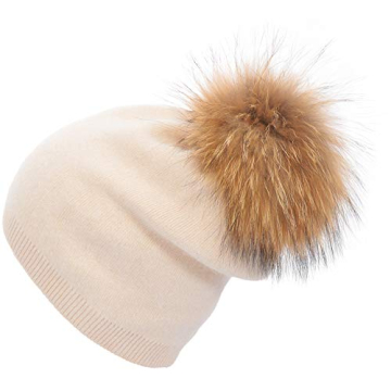 Beige Cashmere Beanie with Real Fur Pom Pom Winter Hat