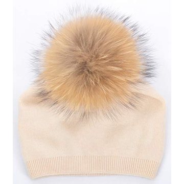 Beige Cashmere Beanie with Real Fur Pom Pom Winter Hat