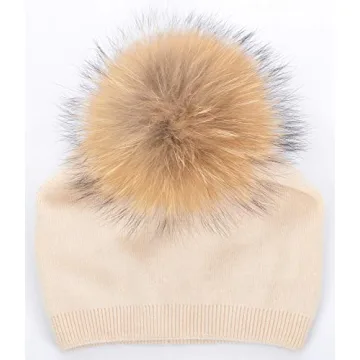 Beige Cashmere Beanie with Real Fur Pom Pom Winter Hat