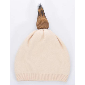 Beige Cashmere Beanie with Real Fur Pom Pom Winter Hat