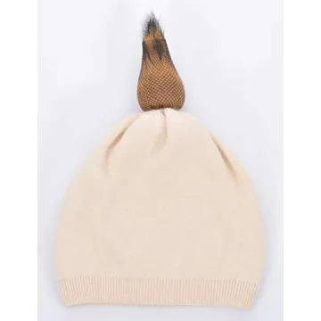 Beige Cashmere Beanie with Real Fur Pom Pom Winter Hat