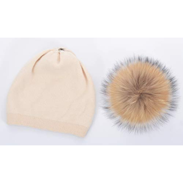 Beige Cashmere Beanie with Real Fur Pom Pom Winter Hat