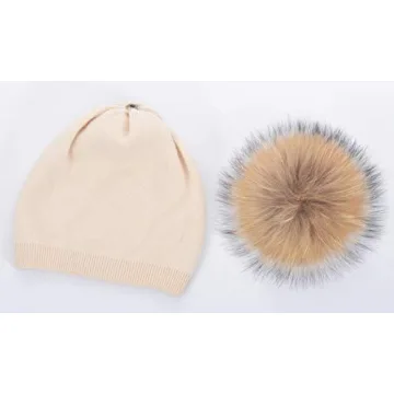 Beige Cashmere Beanie with Real Fur Pom Pom Winter Hat