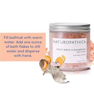 Naturopathica Sweet Birch and Magnesium Bath Flakes, Soothing Daily Bath Soak for Sore Muscle Relief, Bathing Alternative to Epsom Salt, Relaxing Pain Relief Soak for Men and Women, 11 oz