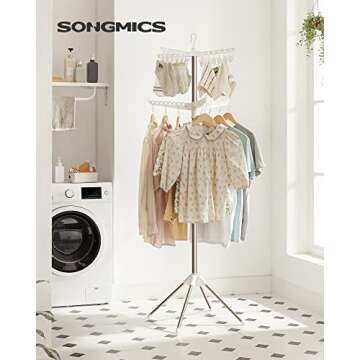 SONGMICS 2-Tier Clothes Drying Rack, 72-Inch Folding Laundry Drying Rack with 3 Rotatable Arms for Hangers, 24 Clips, Stainless Steel, for 27 Pieces of Clothes, White and Silver ULLR512W01