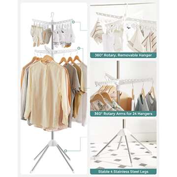 SONGMICS 2-Tier Clothes Drying Rack, 72-Inch Folding Laundry Drying Rack with 3 Rotatable Arms for Hangers, 24 Clips, Stainless Steel, for 27 Pieces of Clothes, White and Silver ULLR512W01