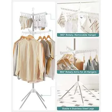 SONGMICS 2-Tier Clothes Drying Rack, 72-Inch Folding Laundry Drying Rack with 3 Rotatable Arms for Hangers, 24 Clips, Stainless Steel, for 27 Pieces of Clothes, White and Silver ULLR512W01