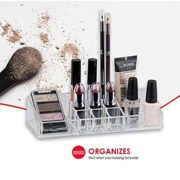 Home Basics Multi-Functional Plastic 11 Compartment Makeup Organizer Nail Polish, Lipstick, Eyeliner, Foundation, Blush, for Vanities, Counter-top, Dressers, Clear