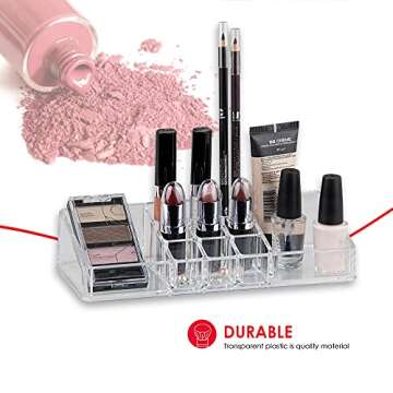 Home Basics Multi-Functional Plastic 11 Compartment Makeup Organizer Nail Polish, Lipstick, Eyeliner, Foundation, Blush, for Vanities, Counter-top, Dressers, Clear