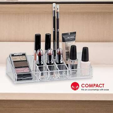 Home Basics Multi-Functional Plastic 11 Compartment Makeup Organizer Nail Polish, Lipstick, Eyeliner, Foundation, Blush, for Vanities, Counter-top, Dressers, Clear