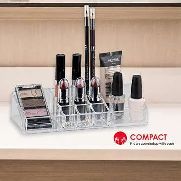 Home Basics Multi-Functional Plastic 11 Compartment Makeup Organizer Nail Polish, Lipstick, Eyeliner, Foundation, Blush, for Vanities, Counter-top, Dressers, Clear