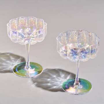 Khen Flower Vintage Wavy Glass Coupes Set - 4 Colorful Iridescent Glasses