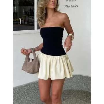 Qhpzcy Women Y2k Going Out Tube Dress Black and White Patchwork Strapless Mini Dress, Black, Small