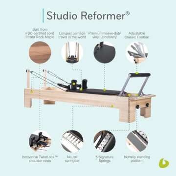 Balanced Body Studio Reformer, Pilates Exercise Equipment with Classic Footbar, Workout Equipment for Home or Studio, Black Upholstery