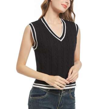 RefindWin Women's Casual V Neck Cable Knit Sweater Vest Solid Sleeveless Tank Tops Women Vest 2024 Black 2XL