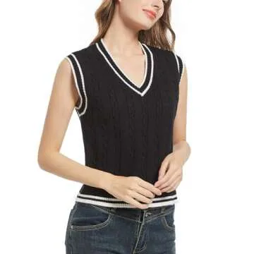 RefindWin Women's Casual V Neck Cable Knit Sweater Vest Solid Sleeveless Tank Tops Women Vest 2024 Black 2XL