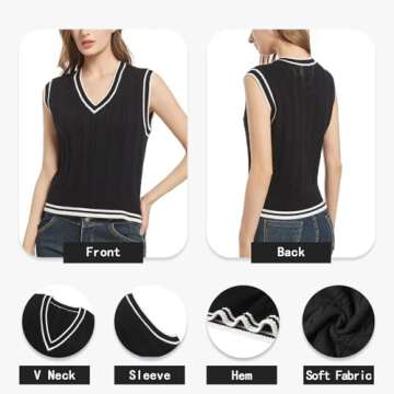 RefindWin Women's Casual V Neck Cable Knit Sweater Vest Solid Sleeveless Tank Tops Women Vest 2024 Black 2XL
