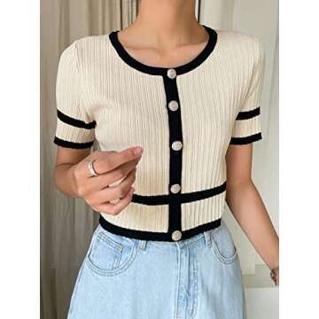 Verdusa Women's Button Front Contrast Binding Short Sleeve Round Neck Crop Tee Top Beige S