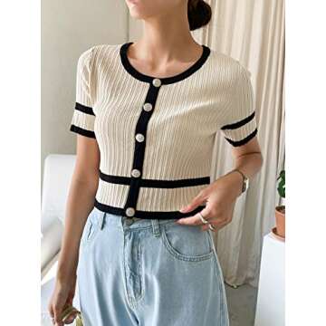 Verdusa Women's Button Front Contrast Binding Short Sleeve Round Neck Crop Tee Top Beige S