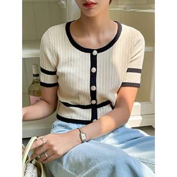 Verdusa Women's Button Front Contrast Binding Short Sleeve Round Neck Crop Tee Top Beige S