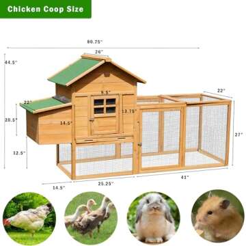 ECOLINEAR 80” Chicken Coop, Waterproof Wooden Hen House for 2-4 Chickens, Outdoor Chicken House wi...