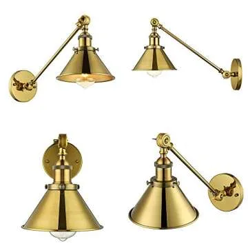 Adjustable Arm Wall Light Fixtures Brass Finish 1 Light Wall Sconce - LITFAD 7" Industrial swing arm wall lamp Mounted Lighting Fixture with Cone Shade Library Light Brass