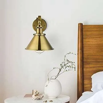 Adjustable Arm Wall Light Fixtures Brass Finish 1 Light Wall Sconce - LITFAD 7" Industrial swing arm wall lamp Mounted Lighting Fixture with Cone Shade Library Light Brass