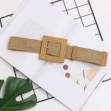 YUCFOREN Women Skinny Dress Belt, Fashion Straw Woven Elastic Stretch Waist Band Wood Buckle Belt