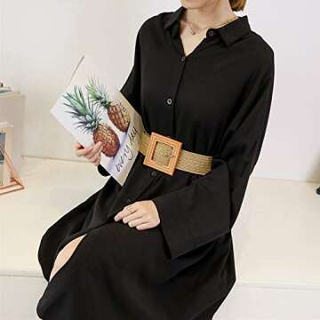 YUCFOREN Women Skinny Dress Belt, Fashion Straw Woven Elastic Stretch Waist Band Wood Buckle Belt