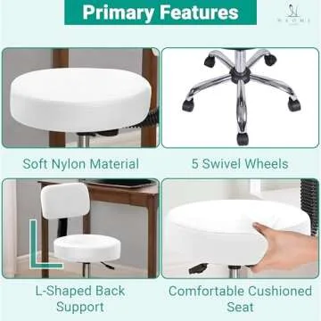 Drafting Adjustable Stool with Back – Salon Adjustable Height Stool, Adjustable Stool, Stool with Wheels for Comfort and Flexibility –Barstools with Wheels, Massage Chair with Backsupport - White