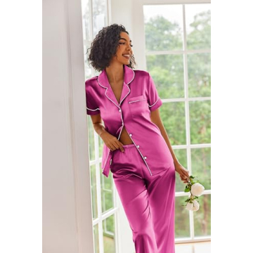 Ekouaer Silk Satin Pajama Set for Women in Rose Red