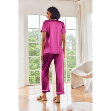 Ekouaer Silk Satin Pajama Set for Women in Rose Red