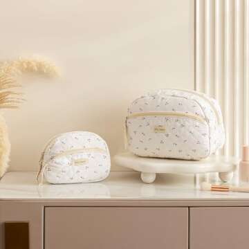 HBselect 2Pcs Cotton Quilted Makeup bag, Flower Cosmetic Bags for Women Girls, Large Capacity Cotton Makeup Bag, Travel Toiletry Bag, Cosmetic Organizer Bag Zipper Pouch