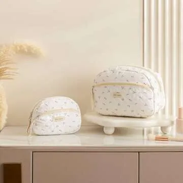 HBselect 2Pcs Cotton Quilted Makeup bag, Flower Cosmetic Bags for Women Girls, Large Capacity Cotton Makeup Bag, Travel Toiletry Bag, Cosmetic Organizer Bag Zipper Pouch